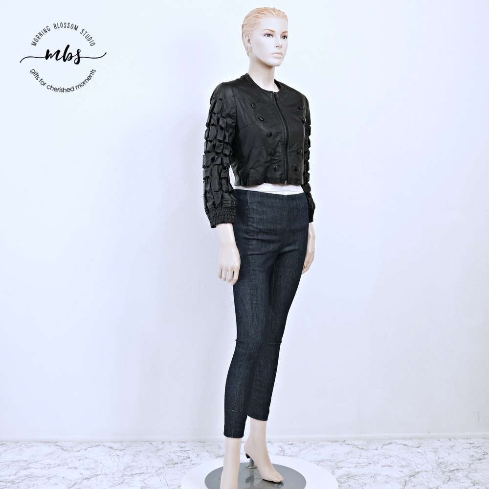 Fjord Leather Ruffled Sleeve Avant Garde Streetwear Jacket Black Women XS